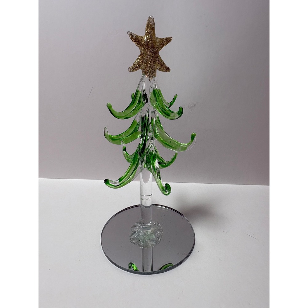 Ganz Glass Christmas Tree Figurine Mirrored Base Gold Glitter Star Vintage 6"